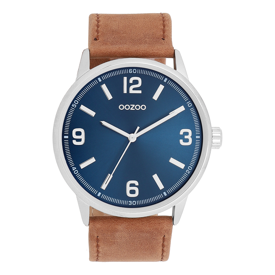 Silver coloured OOZOO watch with brown leather strap - C11501